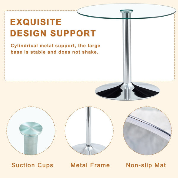 English Elm Table Set: 35" Round Transparent Glass Dining Table With 4 Black Pu Chairs & Silver Metal Legs W1151S03704-GIGA