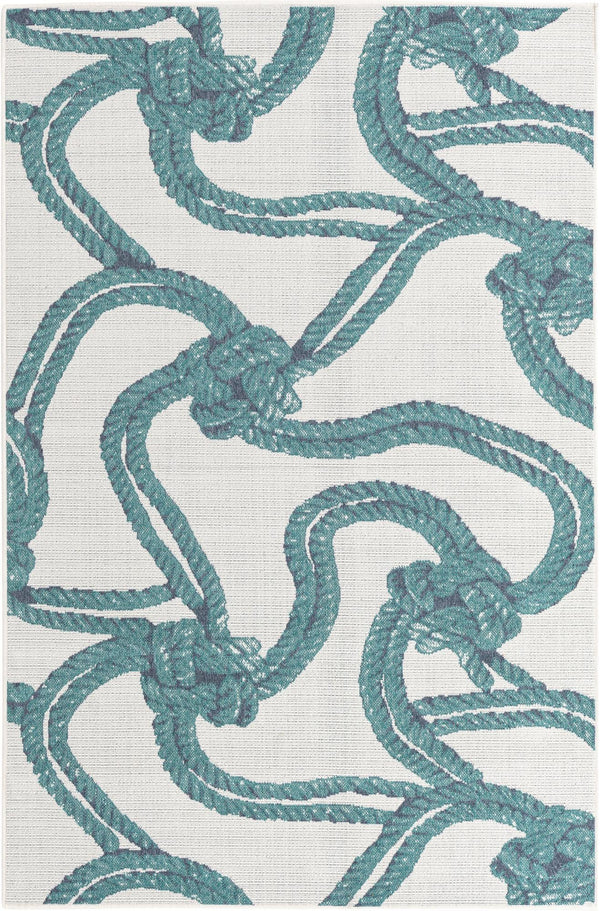 Unique Loom Outdoor Coastal Tethered Machine Made Solid Print Rug Ivory, Navy Blue/Green 5' 3" x 8' 0"