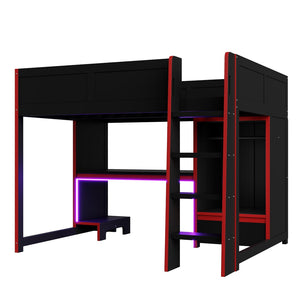English Elm Wood Full Size Gaming Loft Bed With Desk, Wardrobe, Led Lighting, And Storage Drawer, Black Finish N7090004011B-GIGA