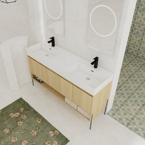 English Elm 60" Oak Bathroom Vanity Combo with Resin Basin, 4-Door Storage, Multi-Layer Wood Frame, Modern Elegance W1972S00011