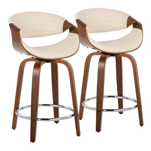 English Elm Symphony Set Of 2 Mid-Century Modern Swivel Counter Stools In Cream Faux Leather & Walnut Wood B202S00091-GIGA