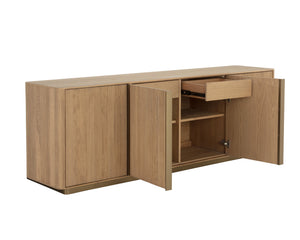 Sunpan Kalla Sideboard: Elegant Oak Design with Brushed Gold Accents, Soft Closing Doors, and Adjustable Shelves Rustic Oak