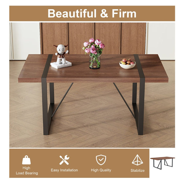 English Elm Table With 6 Industrial Style Brown Techno-Fabric Chairs - Walnut Rectangular Dining Set, 71"X39.3" W1151S02439-GIGA