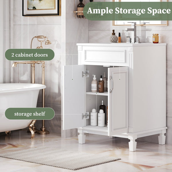 English Elm 24'' Bathroom Vanity with Sink - Solid Wood Frame, Glossy Ceramic Basin, Soft-Close Doors & Ample Storage Elegant Modern Design, Durable MDF Construction, Retro Metal Handles, Compact 24-inch Cabinet White N710P317675K