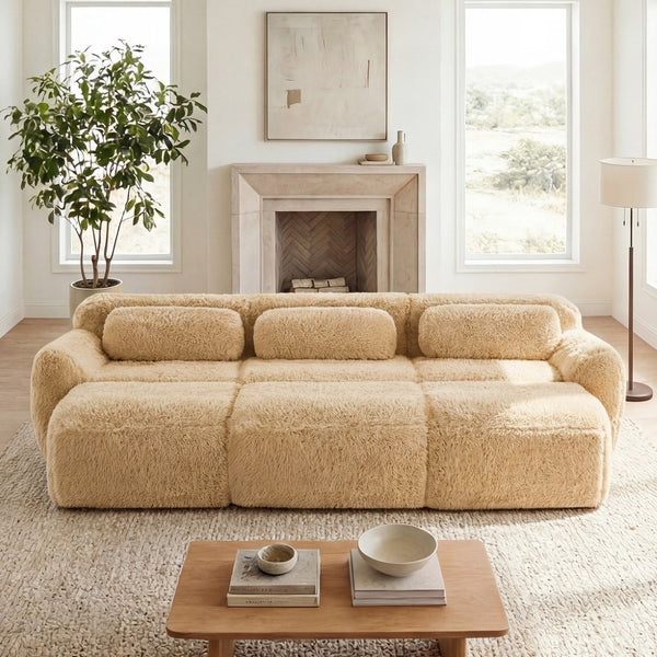 English Elm 3-seater Curved Modular Sectional Plush Upholstered Sofa with Linkable Ottoman for Living Rooms Light Khaki W714S01570