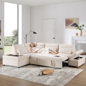 English Elm [video]107'' Chenille Sleeper Sectional with Usb Charging Storage Ottoman and Adjustable Armrest Beige N723S8782A