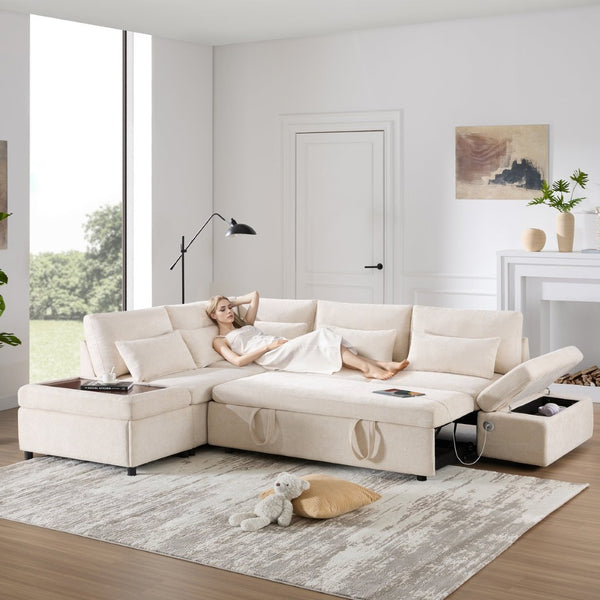 English Elm [video]107'' Chenille Sleeper Sectional with Usb Charging Storage Ottoman and Adjustable Armrest Beige N723S8782A