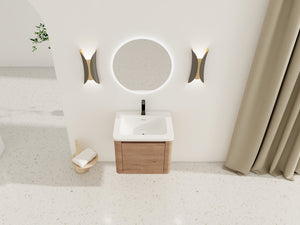 English Elm 24'' 24" Wall-Mounted Bathroom Vanity with Ceramic Sink, Soft-Close Door, Plywood Build, Space-Saving Design Imitative Oak W999P317928