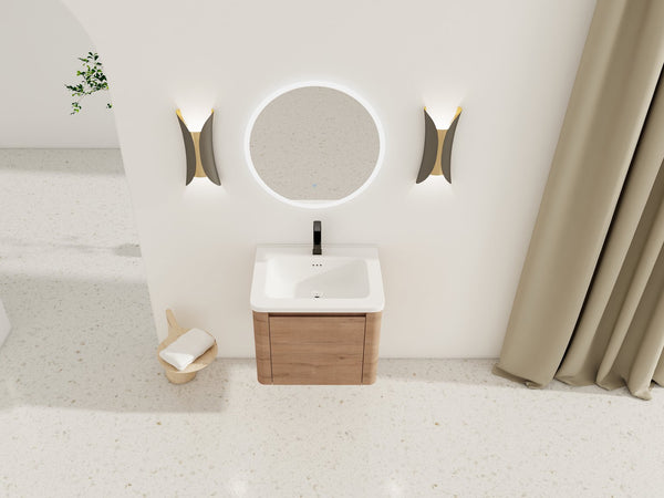 English Elm 24'' 24" Wall-Mounted Bathroom Vanity with Ceramic Sink, Soft-Close Door, Plywood Build, Space-Saving Design Imitative Oak W999P317928