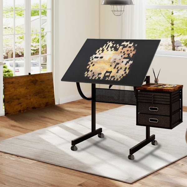 English Elm 1500 Piece Puzzle Table with Tilting Metal Frame Four Felt Trays and Rolling Caster Base W347P464234