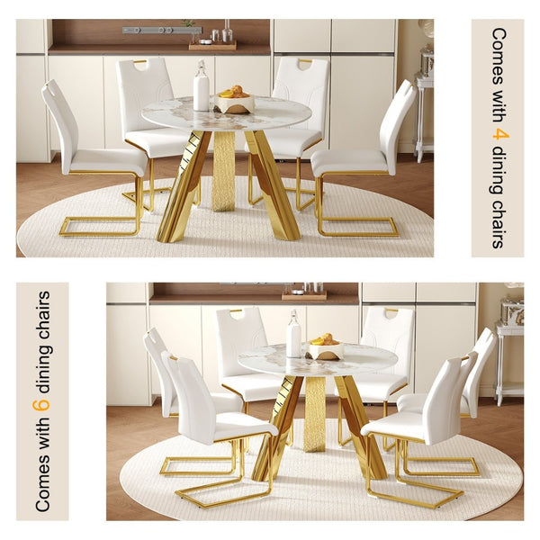 English Elm Table 7-Piece Dining Set: 42-Inch White Imitation Marble Round Table With 6 Gold-Leg Chairs W2920S00050-GIGA