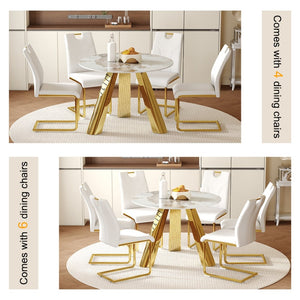 English Elm Table Set - 42-Inch Round White Imitation Marble Top With 4 Ergonomic Dining Chairs & Gold Legs W2920S00049-GIGA