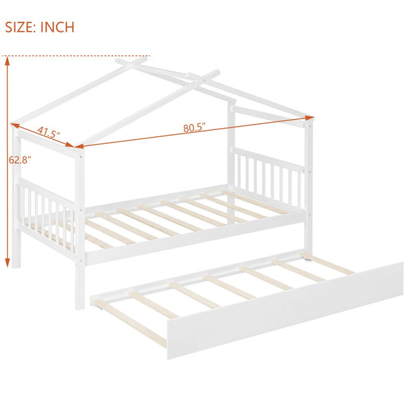 English Elm Twin House Bed Solid Pine Cottage Frame with Pull Out Trundle for Kids Bedroom White N708P309238K
