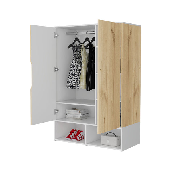 English Elm Rose Double Door Armoire with Hanging Rod, 7 Shelves, Multicolor Particle Board, Space-Saving Storage B128S00114