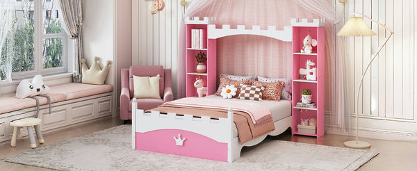 English Elm Castle-Shaped Twin Bed with Crown Footboard and Built-In Shelves, Sturdy MDF/Pine Frame for Kids Pink+White 56.69 L x 17.72 W x 5.51 H N733S177379H