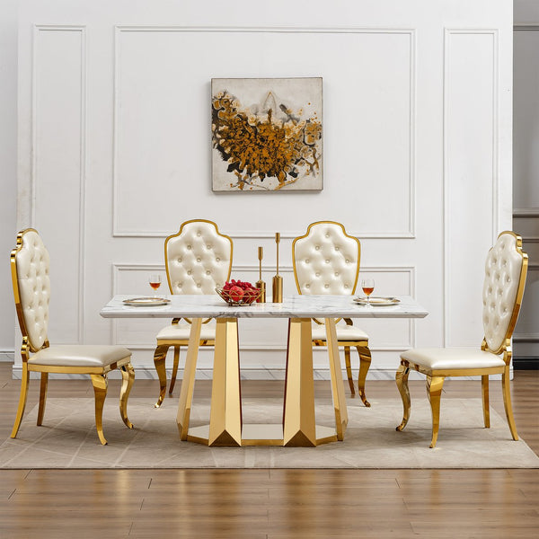 English Elm Marble Dining Table For 6-8, 70'' Rectangle Faux Marble Design With Elegant Gold Stainless Steel Base W3456S00011