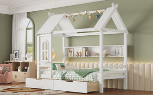 English Elm Twin House Platform Bed with Drawers & Shelves, Solid Wood Playhouse Frame for Kids, Cozy Design Light White W1580S00265