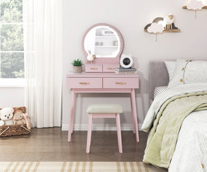 English Elm Beautiful Pink Vanity Set with Mirror & Stool, Storage Drawers, Elegant Bedroom Makeup Station B011P300057