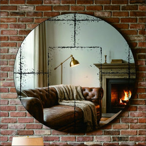 English Elm Round Iron Framed Wall Mirror with Weathered Etched Detail for Living Room or Foyer W3935P406810