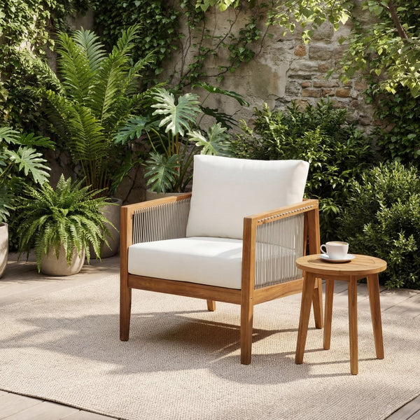 English Elm Outdoor Acacia Wood Club Chair with Woven Rope Panels and Resort Style Patio Comfort Beige,Teak N768P408130T