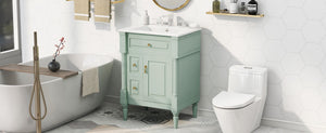 English Elm 24 Inch Freestanding Vanity with Ceramic Sink Rubberwood Frame Matte Finish Storage Green N725P356058F