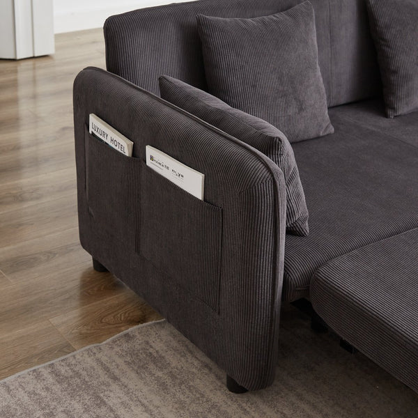 English Elm FX'' 66 Inch Sleeper Sofa Bed 3-in-1 Convertible Pullout Sofa with Plush Corduroy, 4 Pillows, Pockets DARK GREY W1926S00060