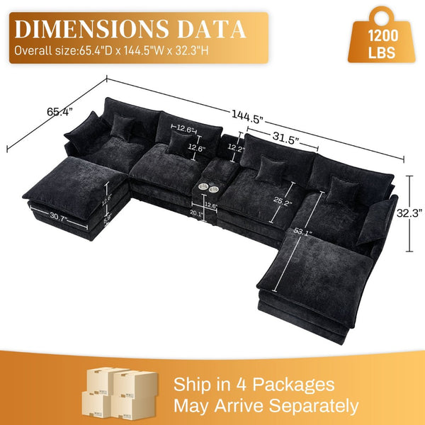 English Elm 145-inch Seven Piece Modular Cloud Sofa with Woolen Upholstery for Spacious Living Black W2564S00039