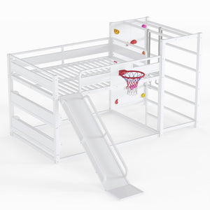 English Elm Twin Metal Loft Bed with Slide Basketball Hoop Climbing Wall and Built-in Shelves W1580S00634
