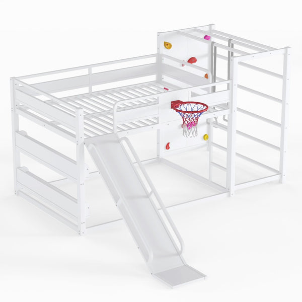English Elm Twin Metal Loft Bed with Slide Basketball Hoop Climbing Wall and Built-in Shelves W1580S00634