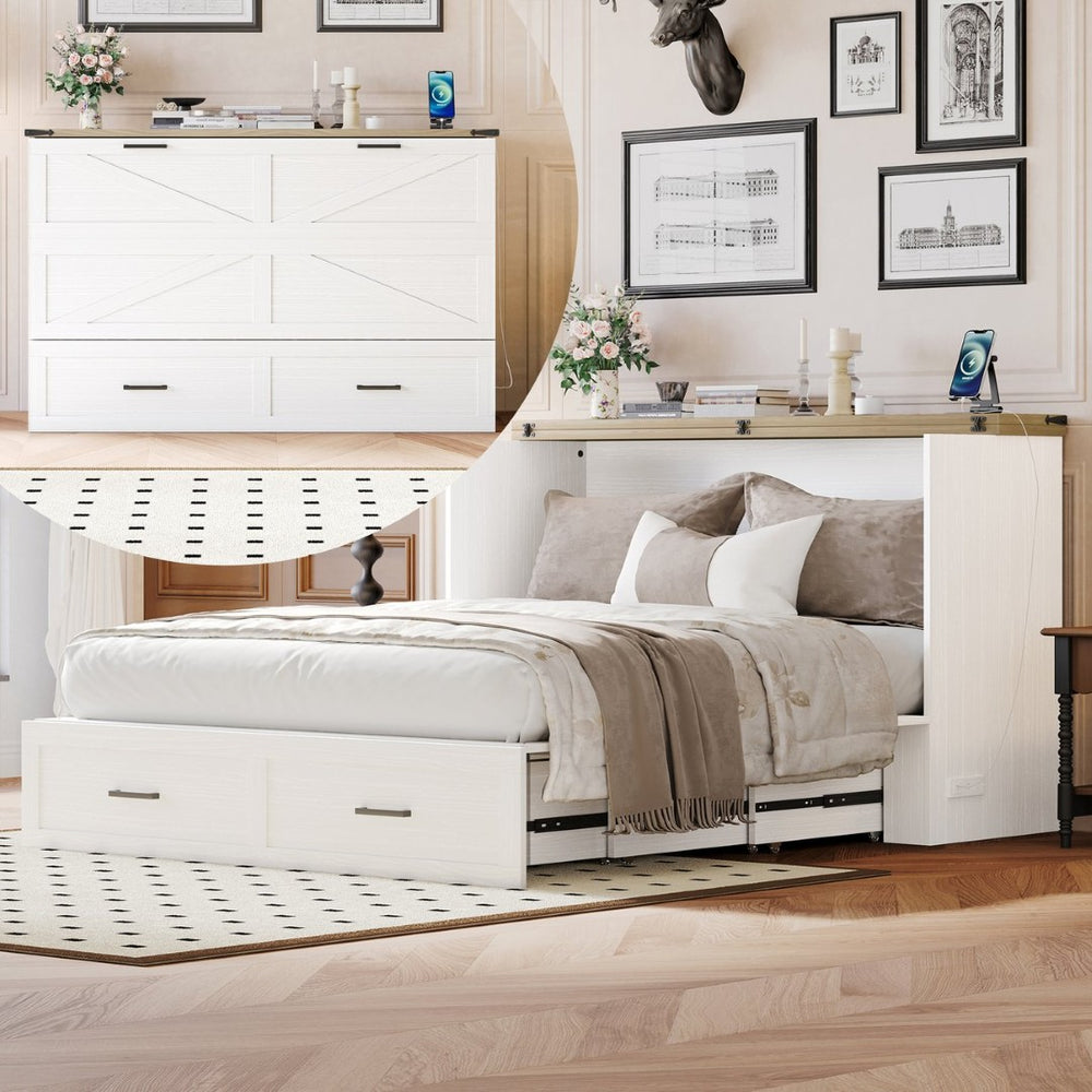 English Elm Queen Murphy Cabinet Bed Farmhouse White Foldable Platform with Storage and Charging N733S237837W