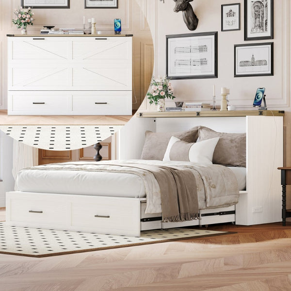 English Elm Queen Murphy Cabinet Bed Farmhouse White Foldable Platform with Storage and Charging N733S237837W