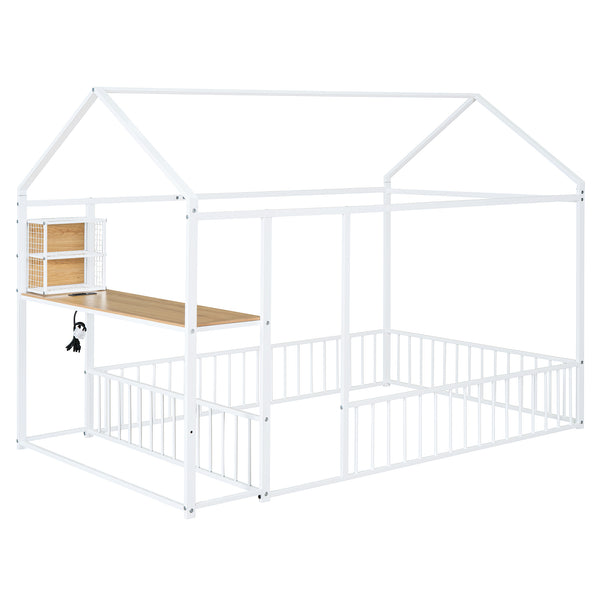 English Elm Full Size Metal House Bed Frame with Desk, Shelves, USB Power Ports & Playful Roof for Kids Room Delight White N737P173491K