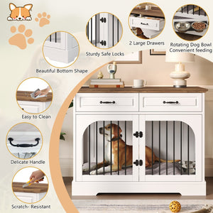 English Elm 43.3" Farmhouse Mdf Dog Crate Console with Drawers and Rotating Bowls for Large Breeds N704P414580A