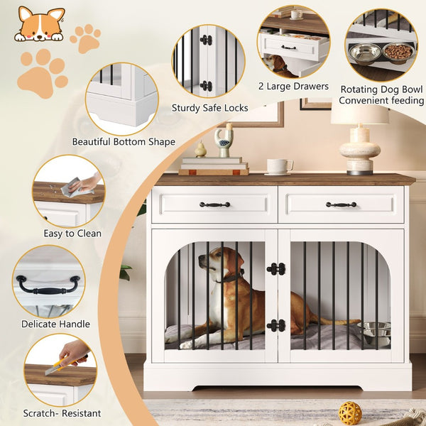 English Elm 43.3" Farmhouse Mdf Dog Crate Console with Drawers and Rotating Bowls for Large Breeds N704P414580A