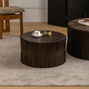 English Elm Vintage Cylindrical Nesting Coffee Table Set, Textured Embossed Wood Accent Tables for Living Room Dark Brown W757P195739