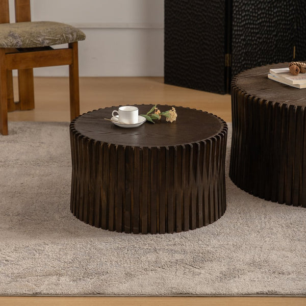 English Elm Vintage Cylindrical Nesting Coffee Table Set, Textured Embossed Wood Accent Tables for Living Room Dark Brown W757P195739
