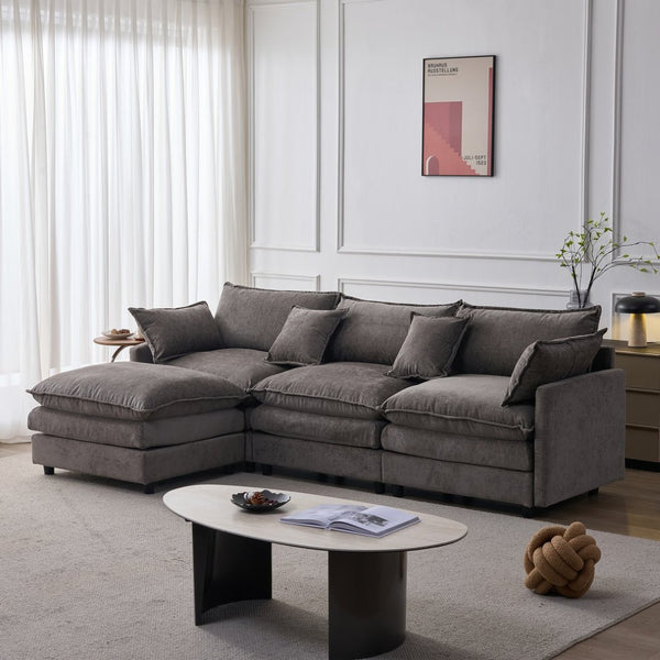 English Elm 105" L-shaped Chenille Sectional with Ottoman Pocket Spring Living Room Sofa Grey W1097S00228