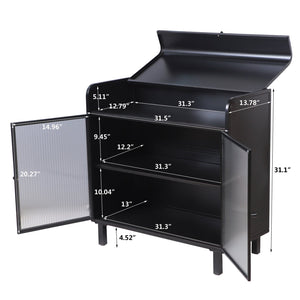 English Elm Modern Sideboard Buffet Cabinet Antique Black Steel Frame with Tempered Figured Glass Doors, Flip-Top Storage Console W3122P272901