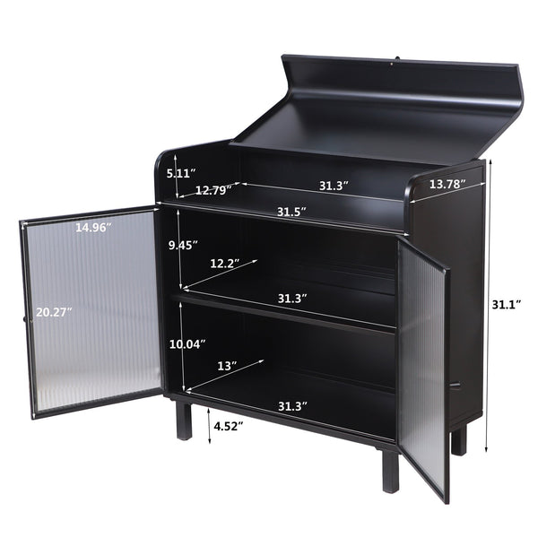 English Elm Modern Sideboard Buffet Cabinet Antique Black Steel Frame with Tempered Figured Glass Doors, Flip-Top Storage Console W3122P272901