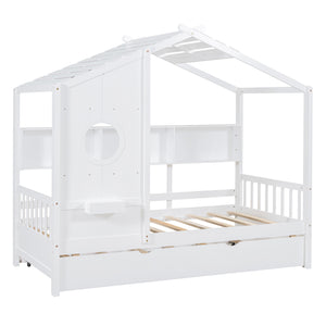 English Elm Wooden Twin House Bed with Trundle and 3 Back Shelves, Pine Frame Playful Loft Design for Kids White 41.7 L x 16.25 W x 6 H N733S316110K