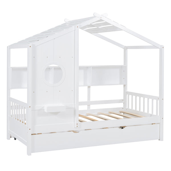 English Elm Wooden Twin House Bed with Trundle and 3 Back Shelves, Pine Frame Playful Loft Design for Kids White 41.7 L x 16.25 W x 6 H N733S316110K