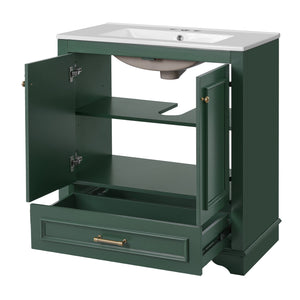 English Elm 30" Elegant Bathroom Vanity with Ceramic Sink, French-Inspired Compact Cabinet with Drawer & Shelf Green N710P317676F