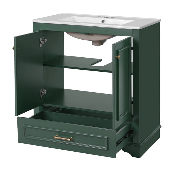 English Elm 30" Elegant Bathroom Vanity with Ceramic Sink, French-Inspired Compact Cabinet with Drawer & Shelf Green N710P317676F