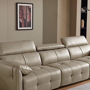 English Elm Genuine Top-grain Leather Three-seat Sofa with Reclining Backrests and Center Storage Beige White W1765S00132