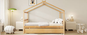 English Elm Full Size House Bed Solid Pinewood Frame with Pull Out Twin Trundle for Kids Natural LP000305AAM-1