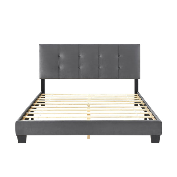 English Elm 1pc Queen Platform Bed Brown Velvet Upholstered with Button Tufted Adjustable Headboard, Low-Profile Solid Wood Frame 42" H Dark Gray 65.5 L x 26 W x 5 H B011P203579