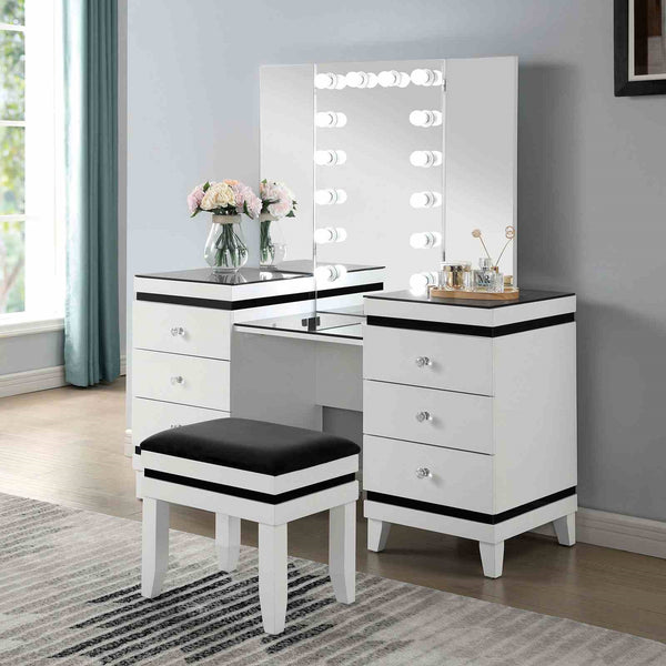 English Elm Contemporary Glam Vanity with Rhinestone Trim and Tempered Glass Top, High Gloss Finish, Illuminated Appeal Black,White 38 L x 23 W x 35 H B2741S00684