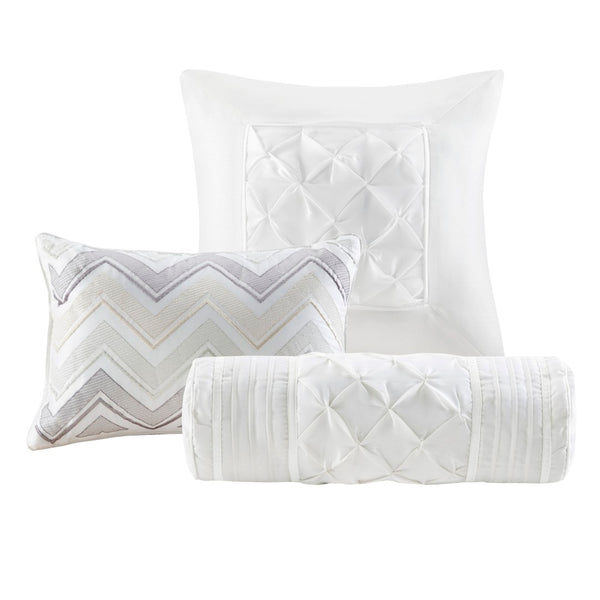 English Elm 7-piece Queen Tufted Pleated Comforter Set with Shams Bed Skirt Decorative Pillows White B035P463183