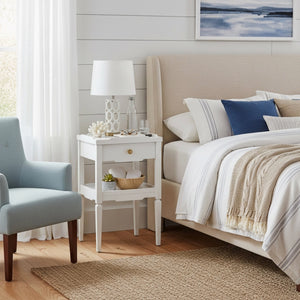 English Elm Foley Mid-Century White 1-Drawer Nightstand with Gold Pull, Tapered Legs & Lower Shelf Storage B050P376969