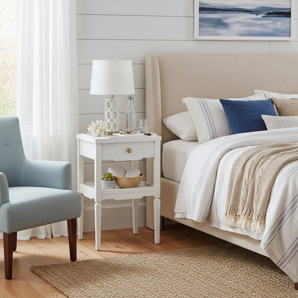 English Elm Foley Mid-Century White 1-Drawer Nightstand with Gold Pull, Tapered Legs & Lower Shelf Storage B050P376969